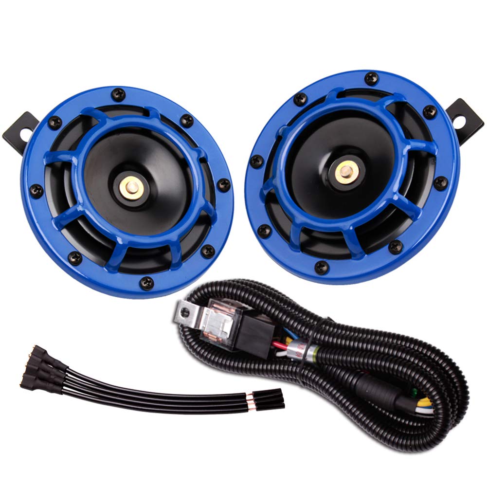 Farbin Waterproof Car Horn 12V Loud High Tone/Low Tone Metal Twin Horns Kit With Relay Harnes,Universal Horn For Car (Blue Horn