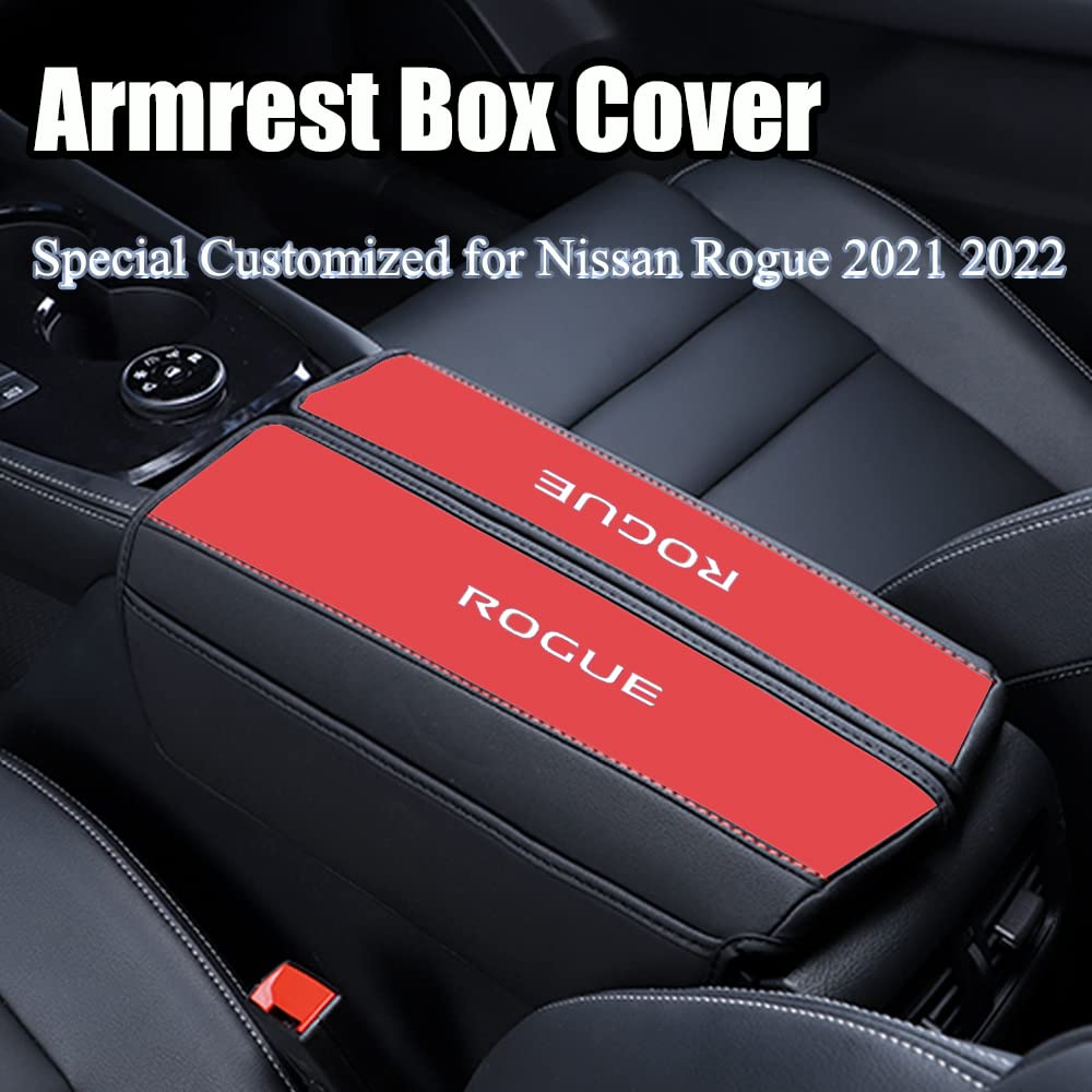 XITER Leather Center Console Armrest Cover with Side Pockets for Nissan Rogue 2021-2022, Black+Red, Model 11755