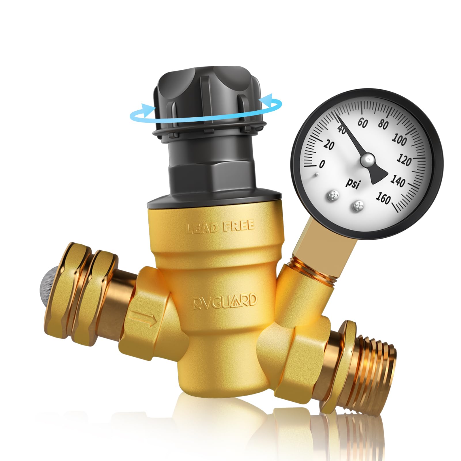 RVGUARD RV Water Pressure Regulator Valve, Adjustable Brass Reducer with Gauge & Inlet Screen Filter, Model RGWPR-H