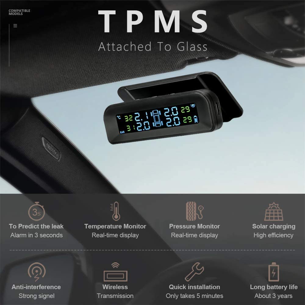 Jansite Wireless Solar Tire Pressure Monitoring System TPMS with 4 Sensors, Real-time Display 22-87 PSI for Car RV SUV MPV Sedan