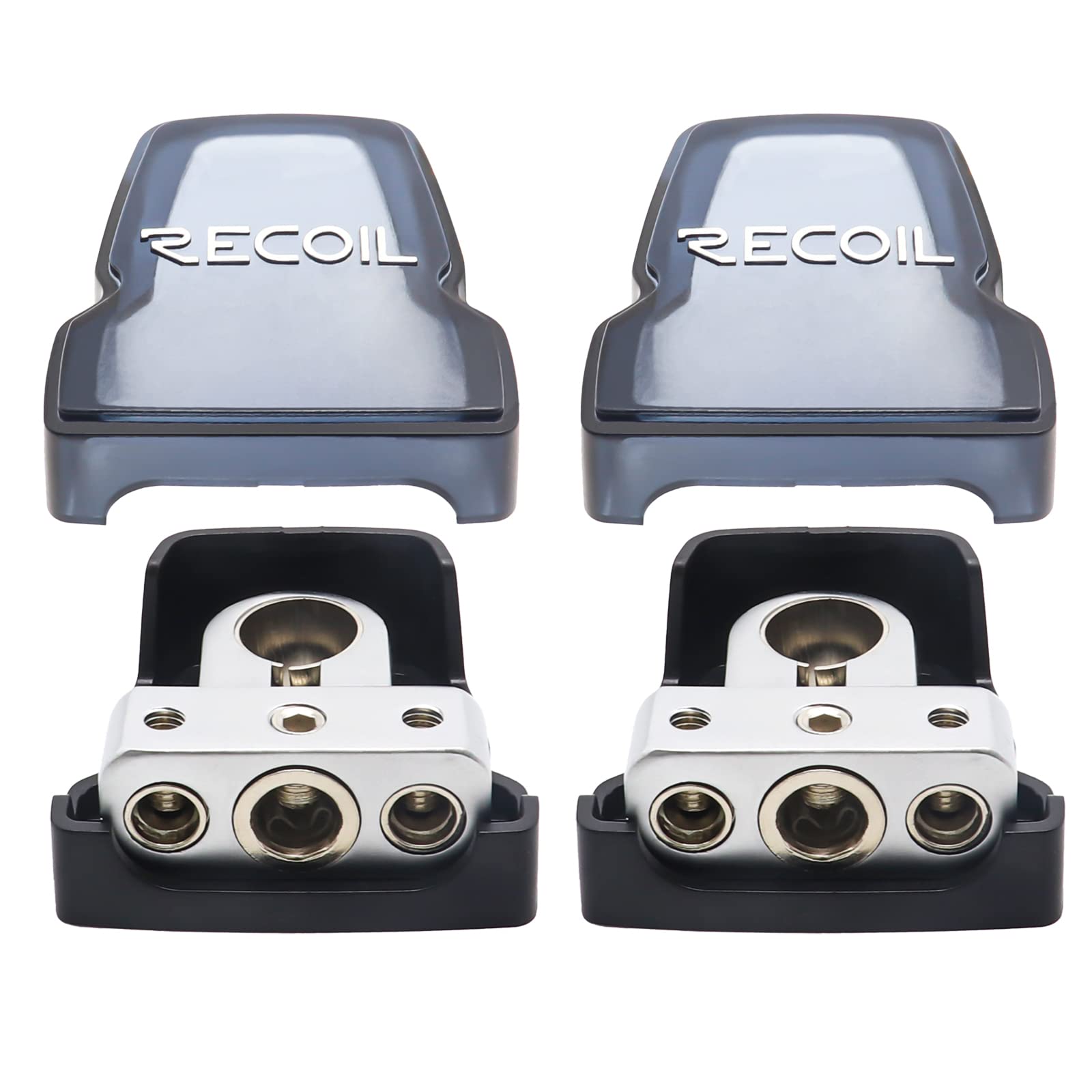 Recoil Pbt-D04 2 Pack Premium Solid Brass Positive Negative Battery Terminals Clamps With One 0/2/4 Gauge Output And Two 4/8 Gau