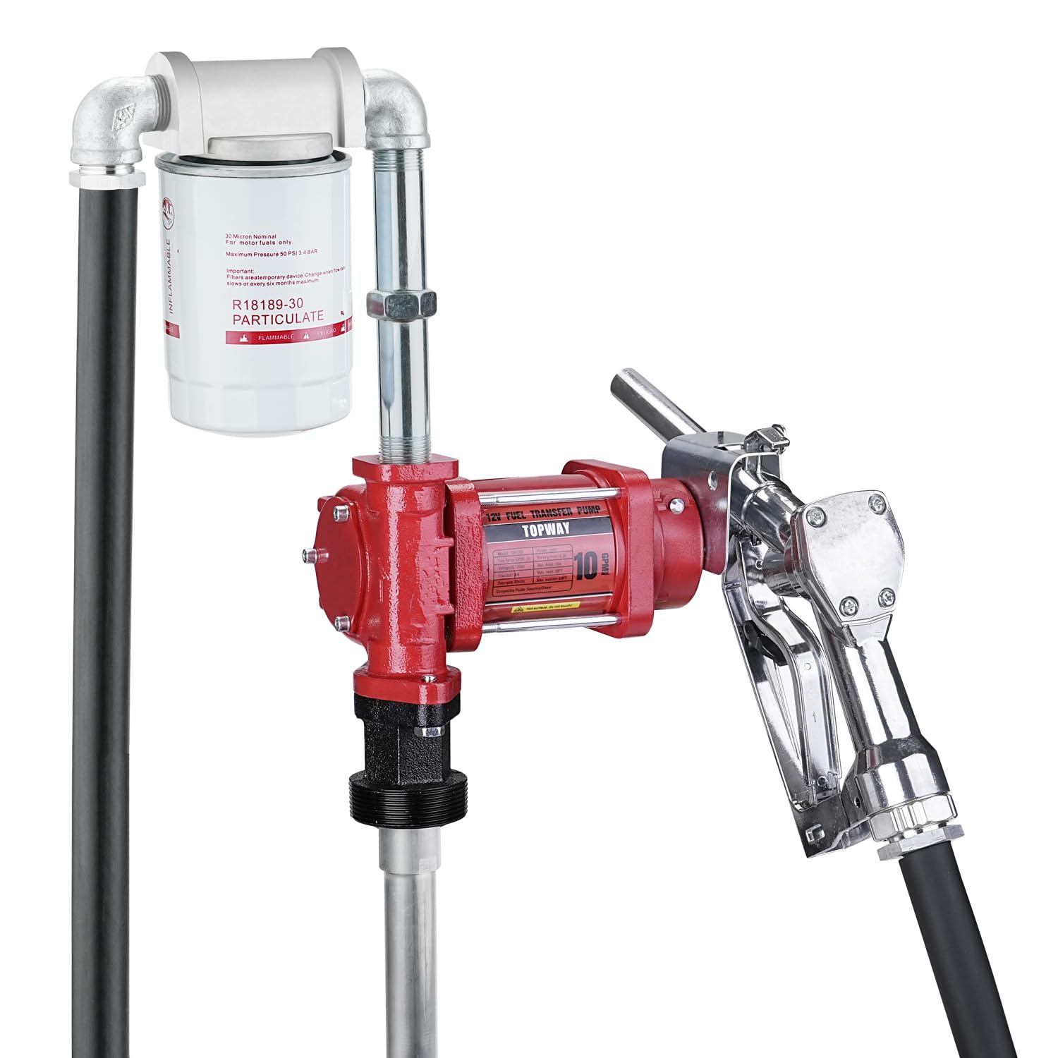 Topway 12V Dc Gasoline Fuel Pump, 10Gpm Self-Priming Oil Transfer Pump Kit With Particulate Filter, Fuel Nozzle, Discharge Hose