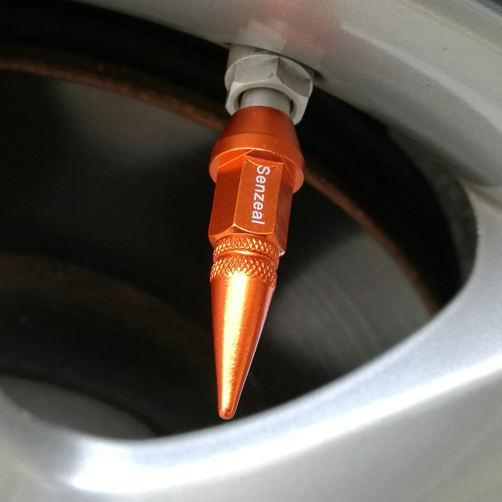 Senzeal 4X Long Impale Spike Style Polished Aluminum Valve Stem Caps Orange