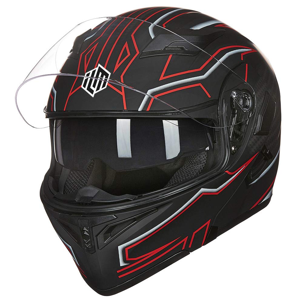 Ilm Motorcycle Dual Visor Flip Up Modular Full Face Helmet Dot 6 Colors Model 902 (L, Black Red)