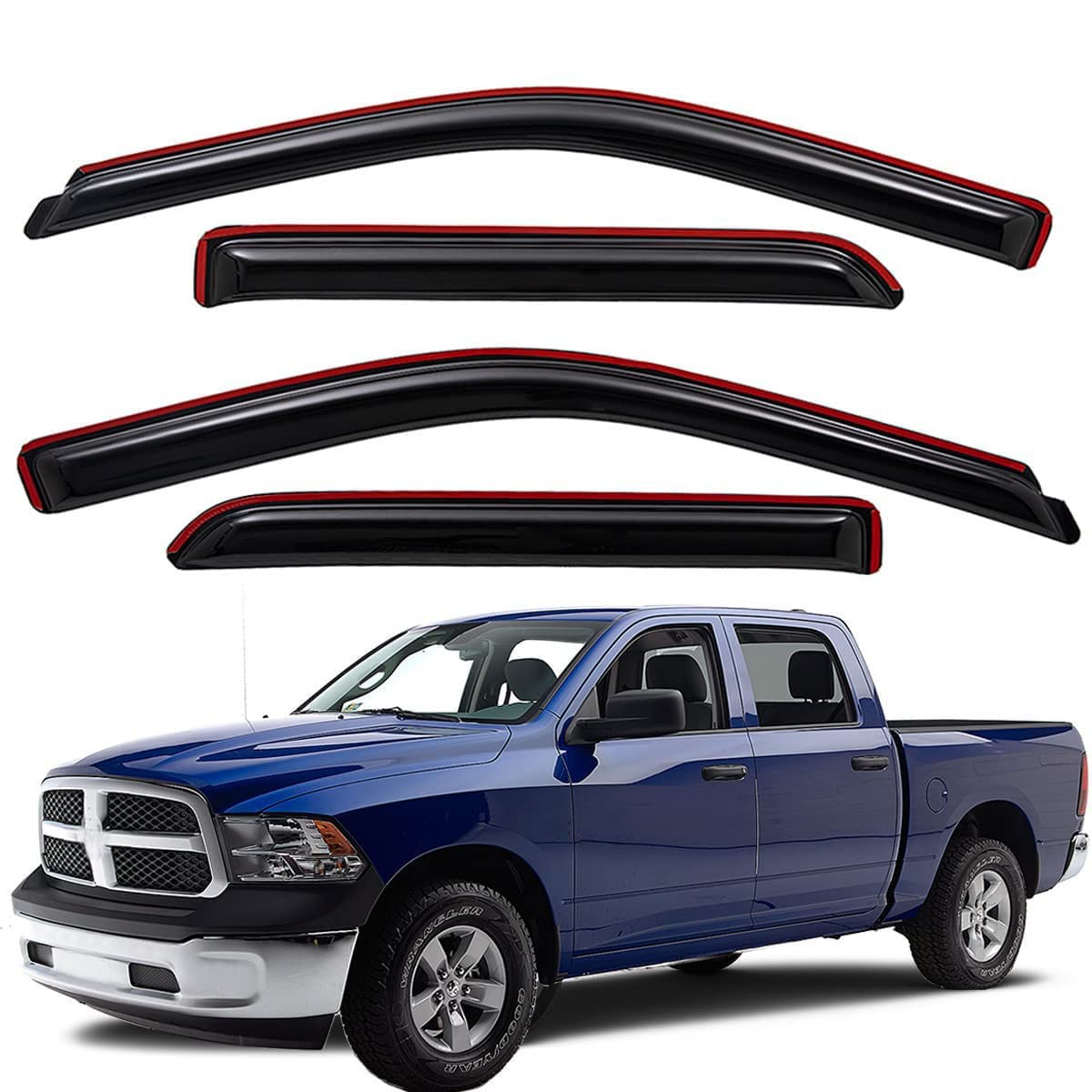 WV194109 Extra Durable In-Channel Window Deflector Visor Rain Guard, Fit 2009-2018 Dodge Ram 1500 Crew Cab, 2010-2025 Ram 2500 &