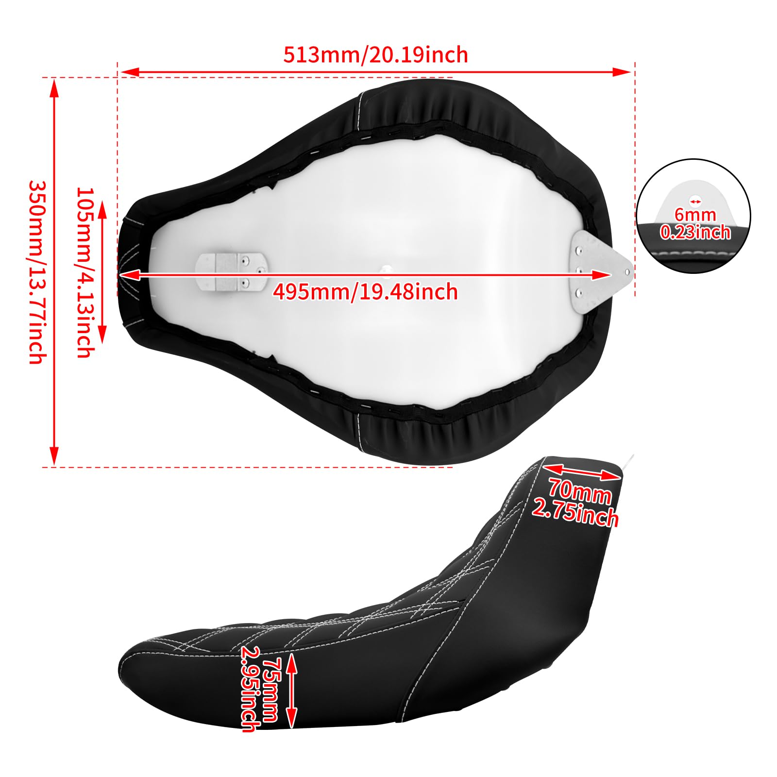 HDBUBALUS Motorcycle Solo Seat Cushion - Faux Leather, Diamond Design, Compatible with Harley Breakout Fatboy 2018-2023, White Thread