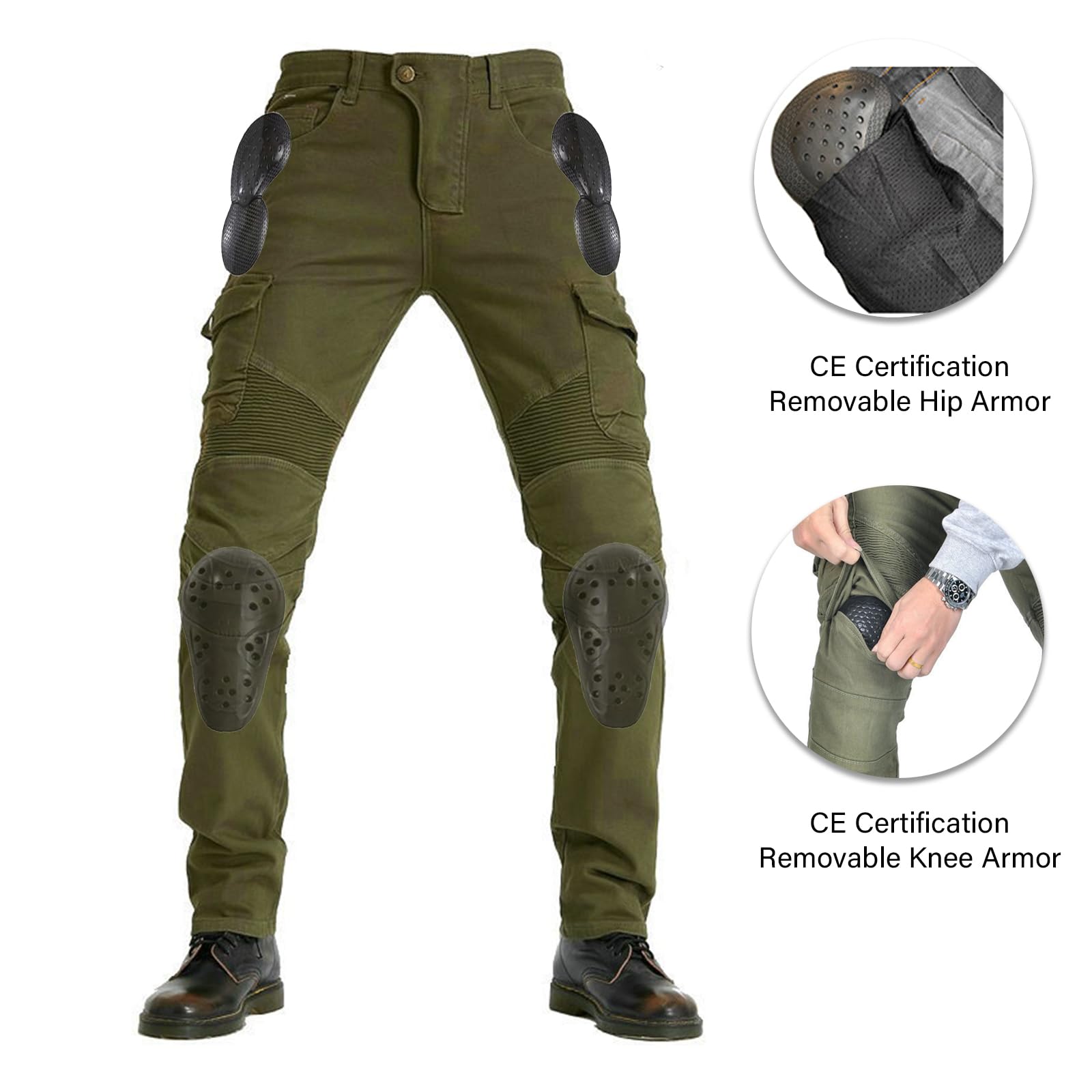 LOMENG Motorcycle Pants Riding Jeans Biker Motorbike Pants with CE Removable Armored for Men Military Green EU32 32 Regular