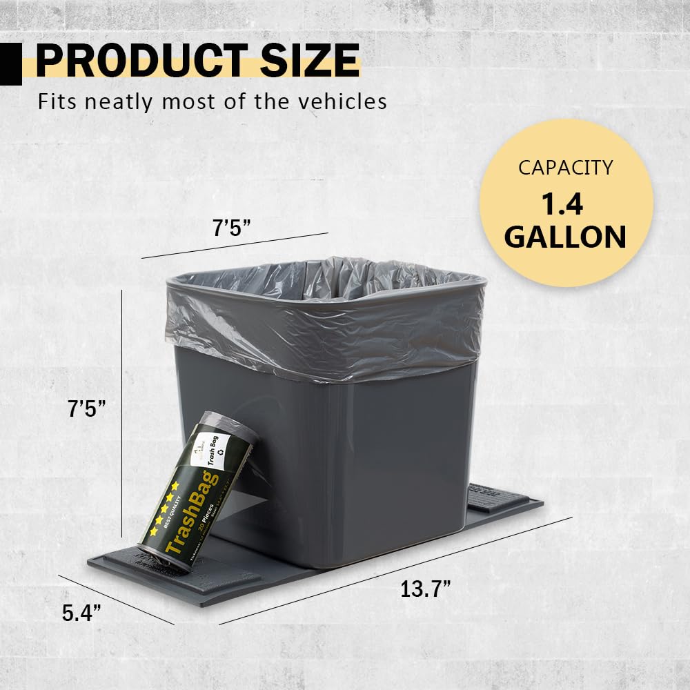 HAUSSIMPLE Car Trash Can - Spill Proof 1.4 Gallon Plastic Garbage Bin - Gray with Trash Bag - Model HSG-10000001