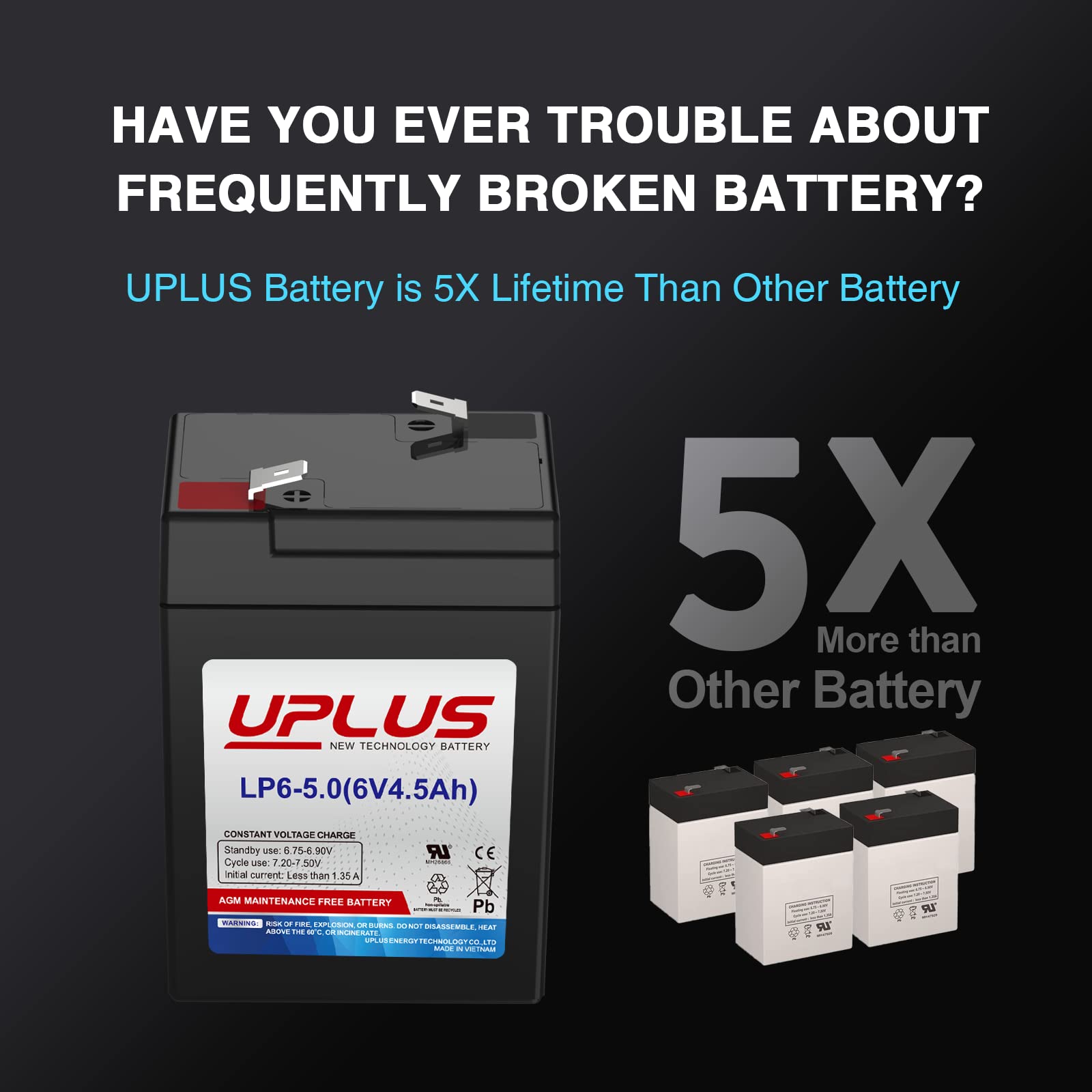 UPLUS Rechargeable 6V 4.5Ah SLA AGM Battery Replacement for Auto Feeders, Lanterns, and Kids Ride-on Cars - Model LP6-5