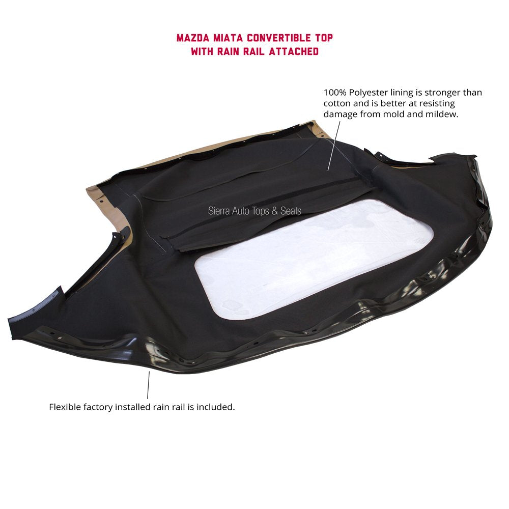 Sierra Auto Tops Convertible Top for Mazda Miata MX5 1990-2005, Black Vinyl with Rain Rail, Model 10-18-MIA-003R