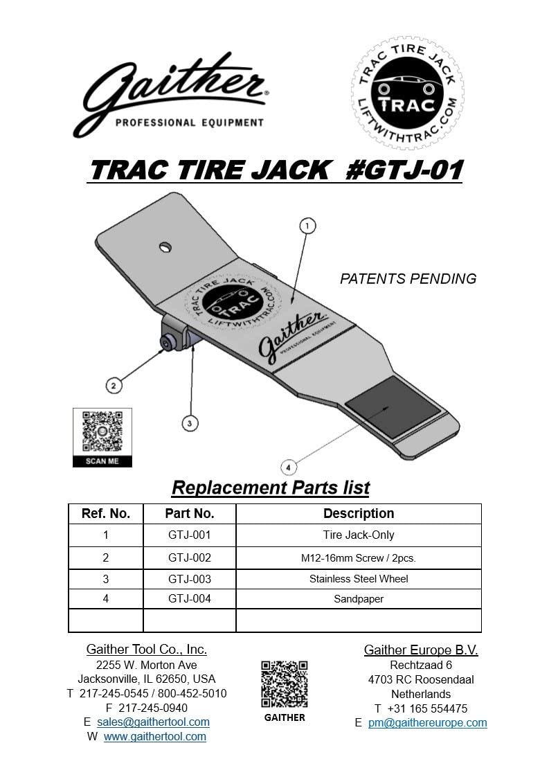GAITHER PROFESSIONAL EQUIPMENT TRAC Tire Jack, Alloy Steel, Model GTJ-01, Red