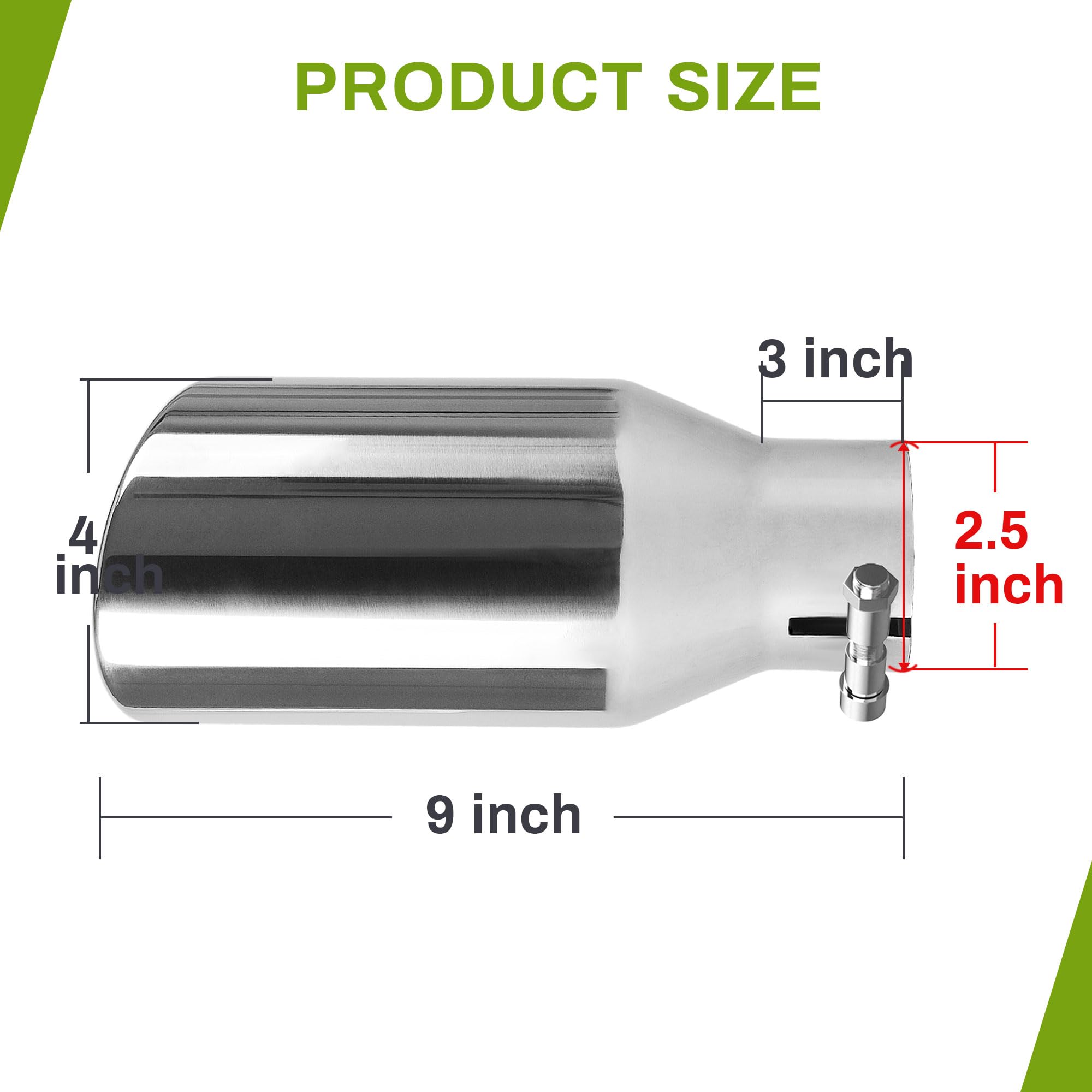 AUTOSAVER88 Exhaust Tip - 2.5" Inlet, 4" Outlet, 9" Long, Chrome-Plated Stainless Steel, Rolled Angle Cut, Bolt-On, Silver