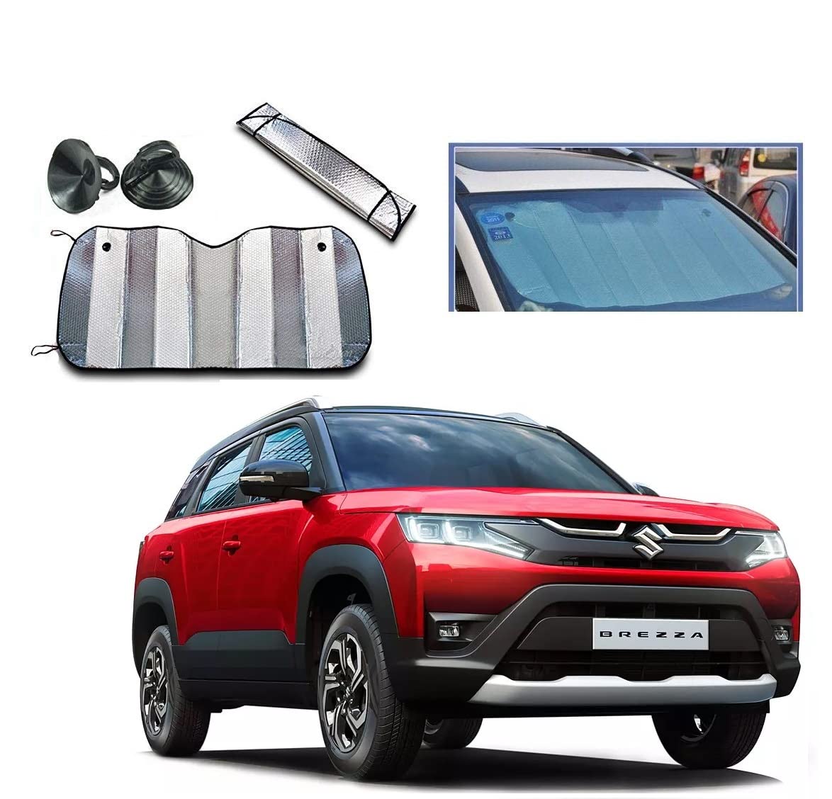 Auto Addict Aluminium Foil Foldable Car Sunshades for Front/Rear Windshield 1pc for Maruti Suzuki BREZZA New 2022