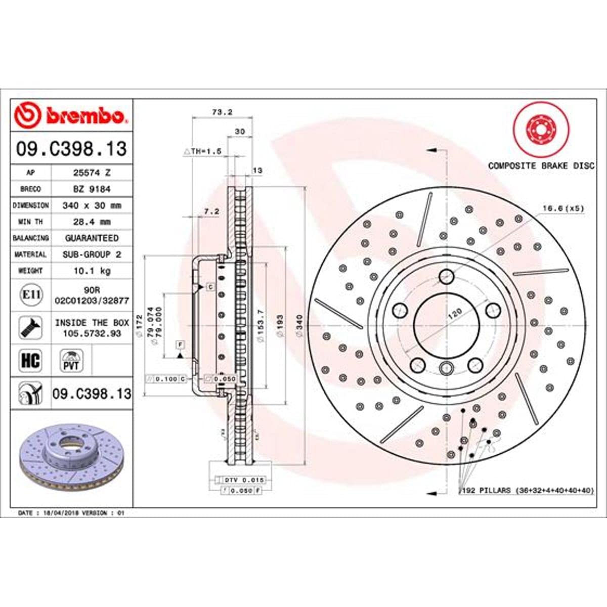 Brembo 09.C398.13 Composite two piece UV Coated Pillar Vented drilled + Slotted Front Brake Rotor BMW/BMW (BRILLIANCE) OE# 34106