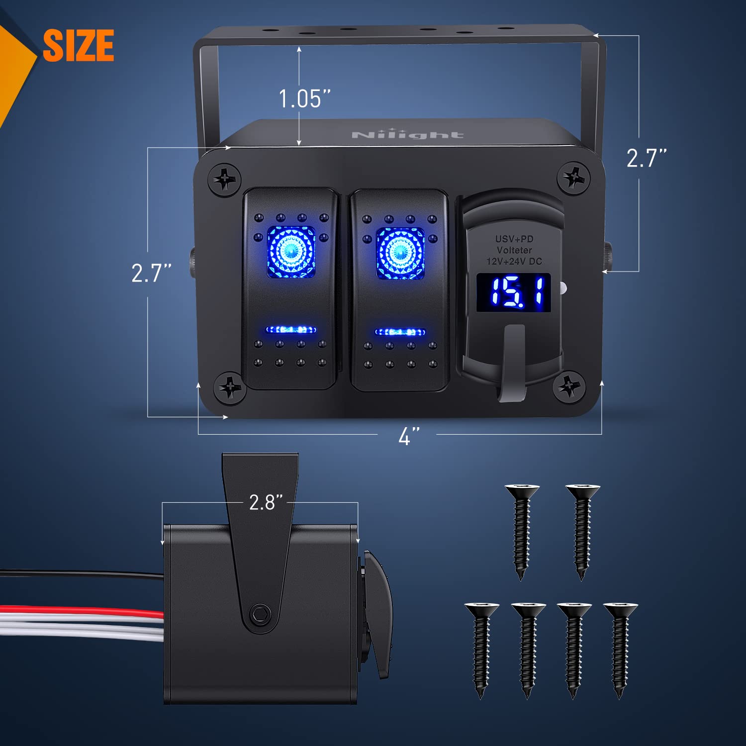 Nilight 2 Gang Rocker Switch Box with USB Charger & Voltmeter, Waterproof Aluminum Panel, Model 90311B-C, Blue+Box