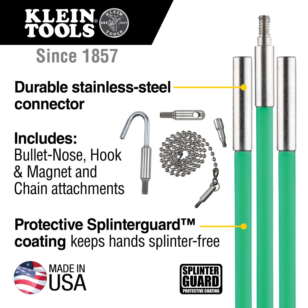 Klein Tools 50254 Multi-Flex Glow Fish Rod With Splinter Guard Coating, (5) Fish Rods With Bullet Nose, Magnet, Chain Attachment