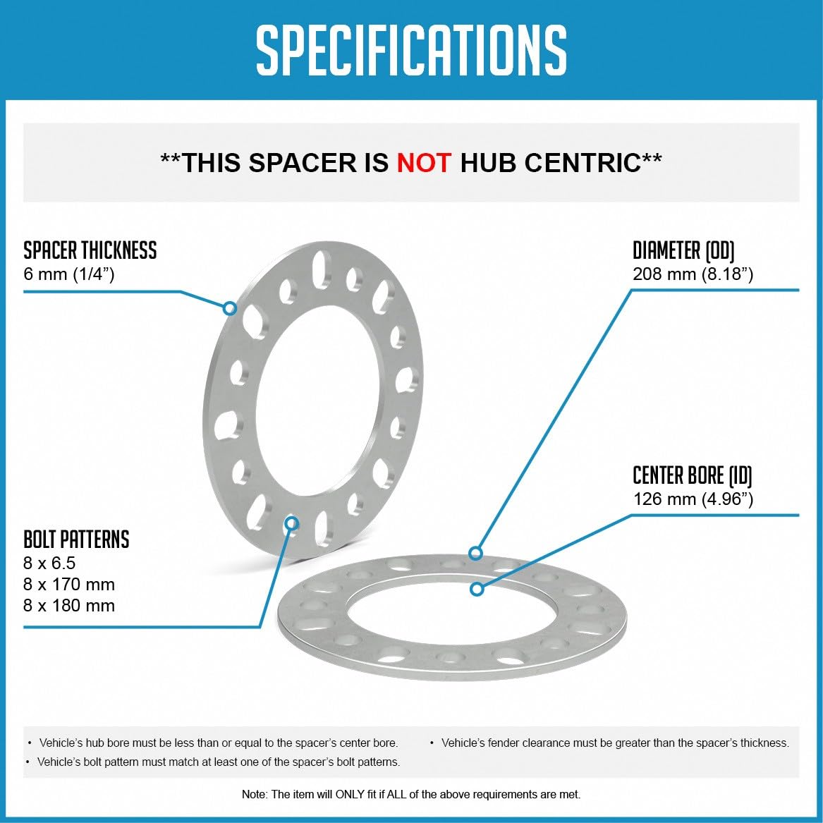 Wheel Accessories Parts 2 Pcs Die Cast Wheel Spacers 6mm 1/4'' Thick Fits Bolt Patterns (8x6.50) 8x165.1mm 8x170mm 8x180mm | Che