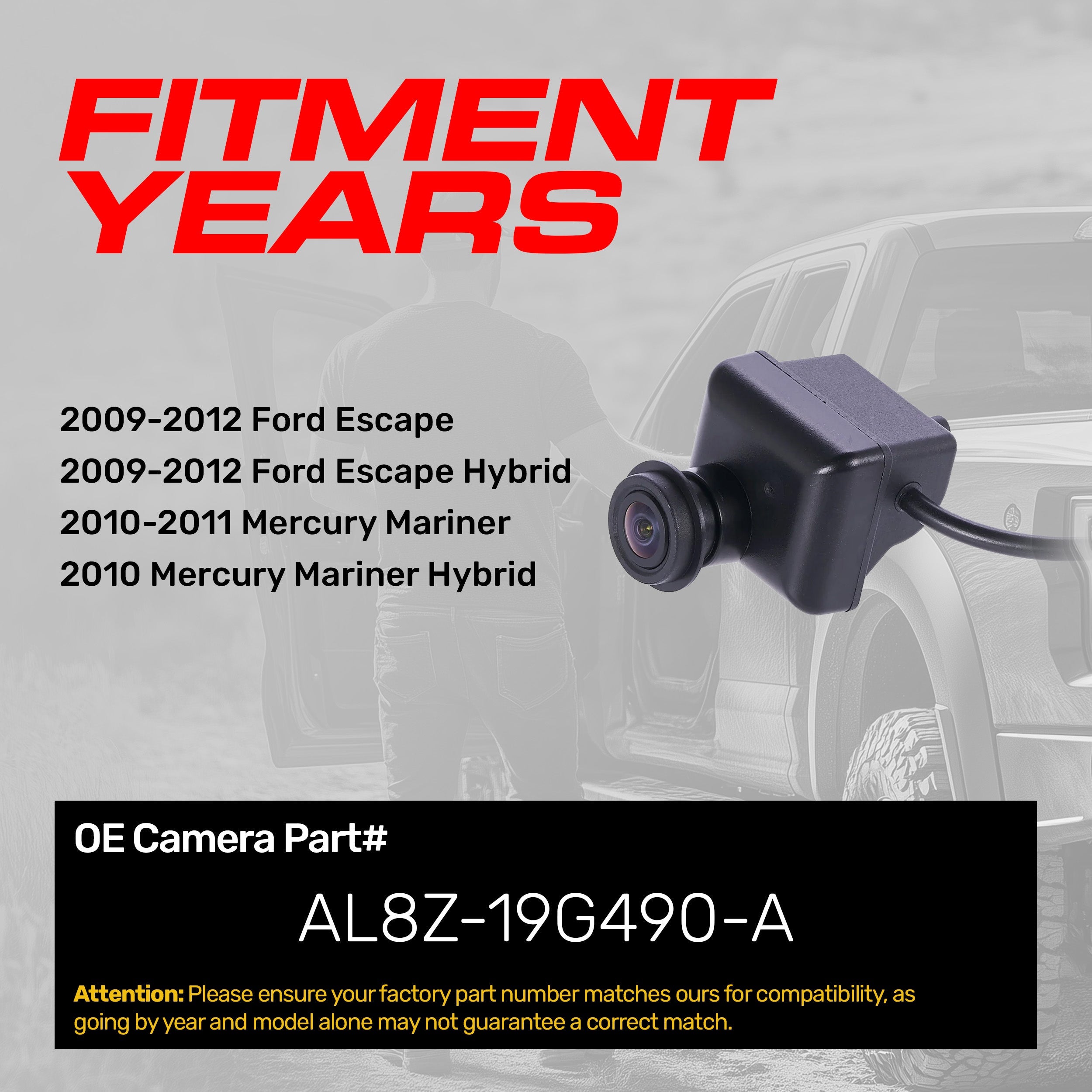 Ford Escape (2009-2012), Escape Hybrid (2009-2012) / Mercury Mariner (2010-2011), Mariner Hybrid (2010) OEM Replacement Backup Camera OE Part # AL8Z-19G490-A