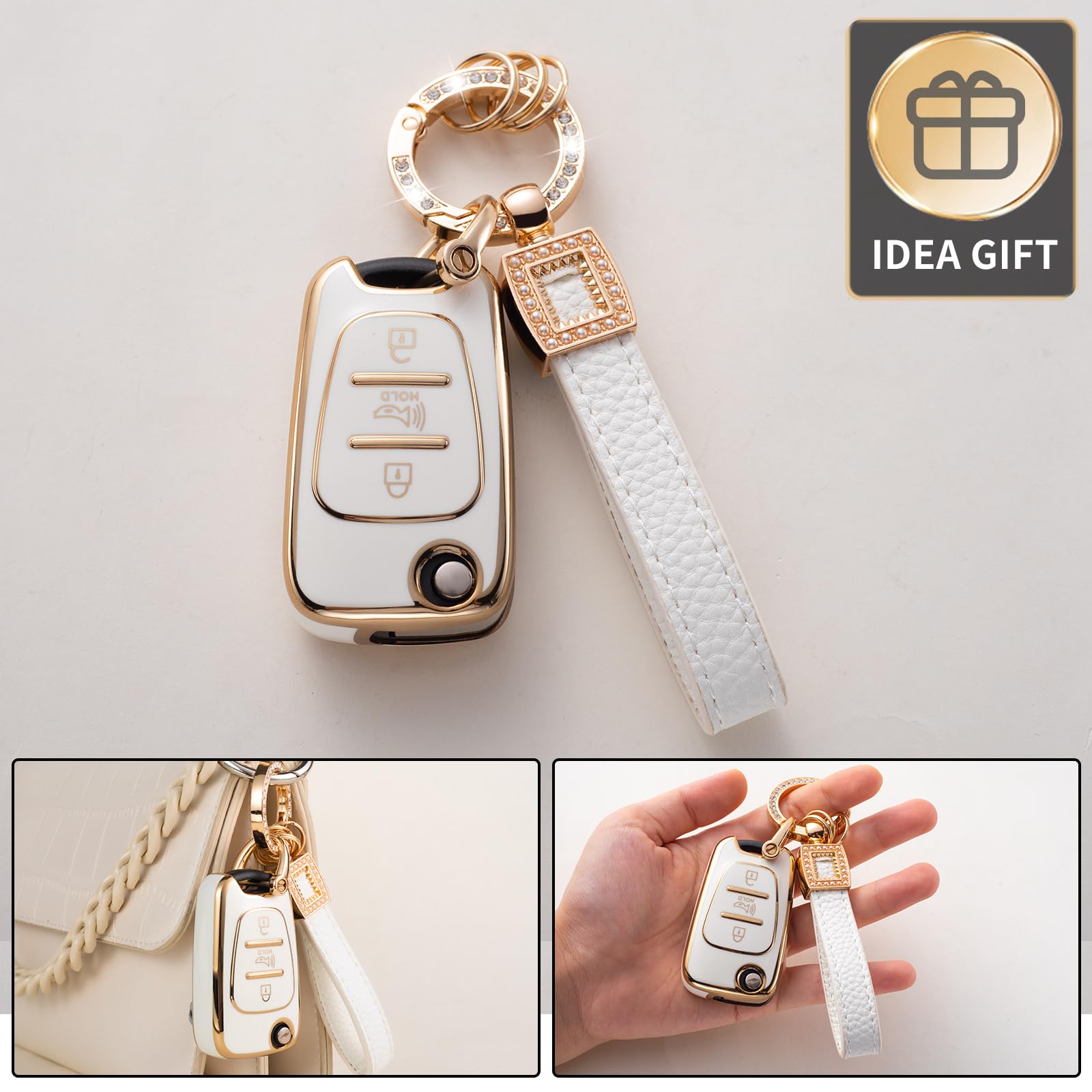 Cacarlike Key Fob Cover For Kia/Hyundai With Leather Lanyard - Compatible With 2010-2013 Soul, 2012-2014 Rio Sportage Smart Key