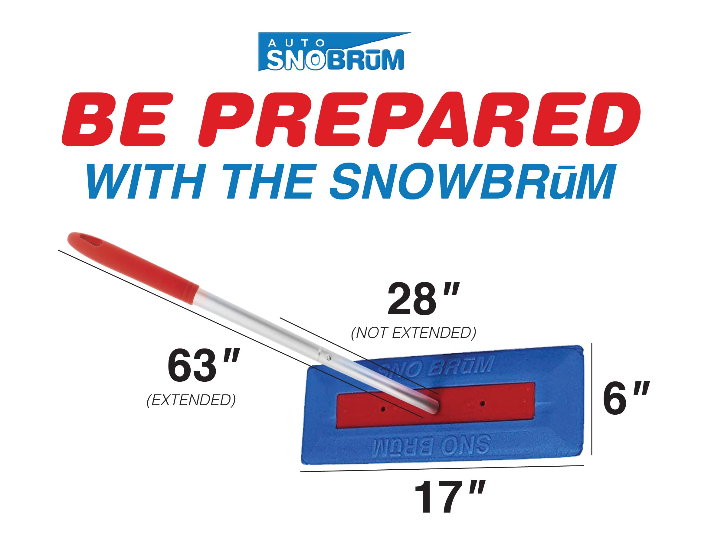 SNOBRUM Snow Remover - 28 to 63 Inch Push-Broom Brush with Foam Head, No-Scratch Design, Silver/Blue, 1 Pack