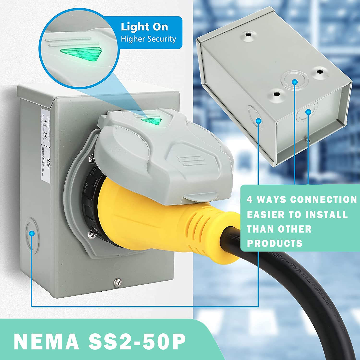 Gerguirry 50 Amp Generator Rv Power Inlet Box, Nema Ss2-50P Generator Plug With Interlock Cord, Nema 3R Power Inletbox For Outdoor Receptacle, Generator Power Inlet, Weatherproof