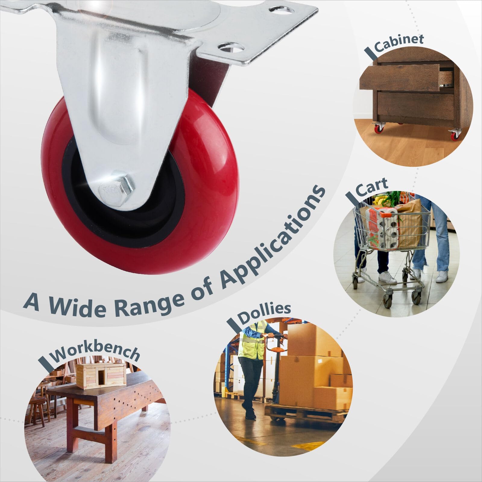 Powertec 3 Inch Fixed Caster Wheels With 640 Lbs Loads, Heavy Duty Plate Casters, Rigid Fixed Rubber Castor Wheels For Furniture