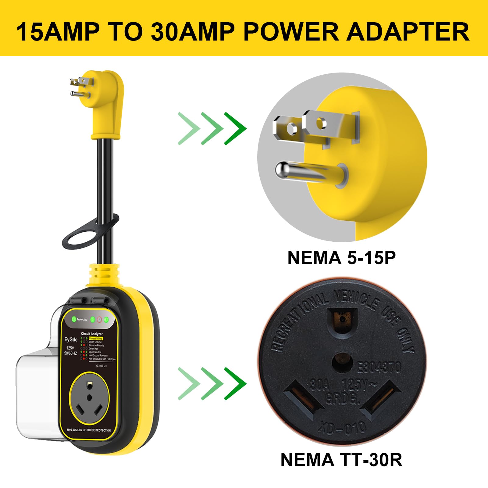 EyGde 30 Amp to 15 Amp RV Adapter with Surge Protector, Waterproof, 4500J, Model FC-19, Yellow, 15M/30F