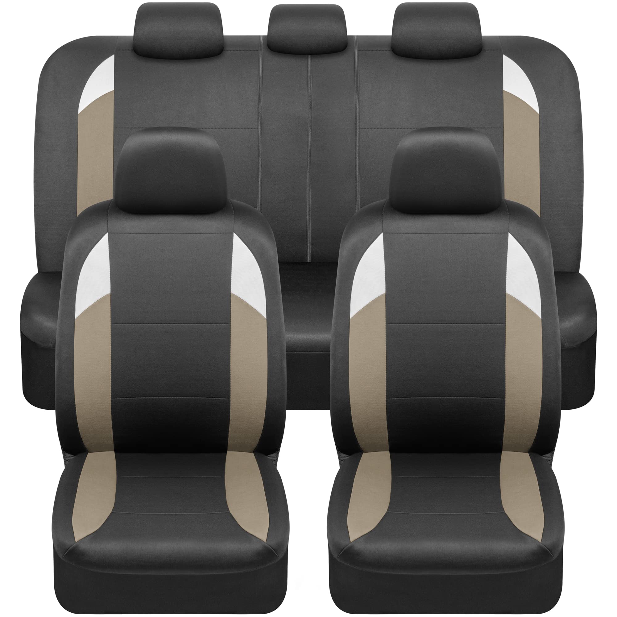 BDK carXS Monaco Seat Covers for Cars Full Set, Beige Tri-Tone Front Car Seat Covers with Split Rear Bench Back Seat Cover, Auto