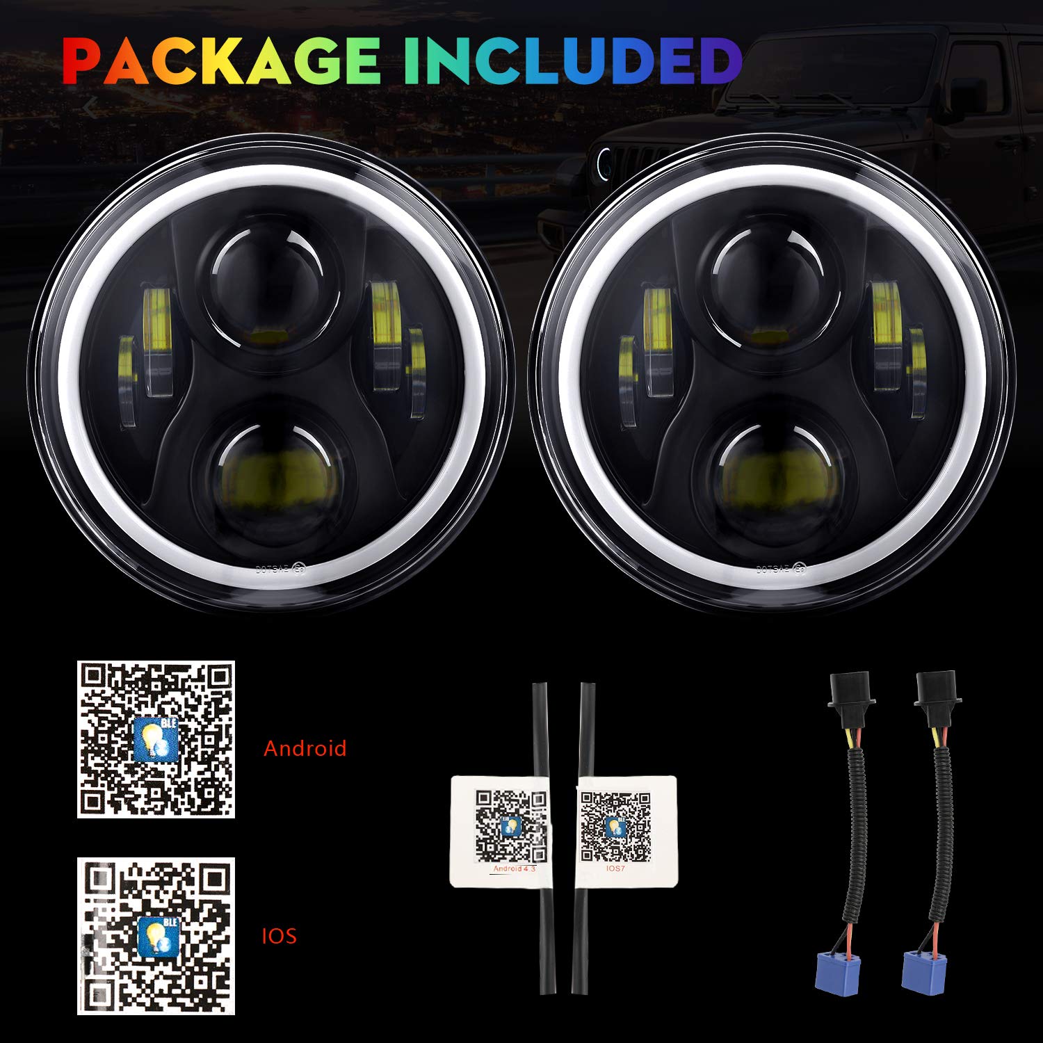 Beeyeo 7 Inch Round Led Headlight Rgb Halo Angel Eyes Dot Approved Halo Headlights For Wrangler Jk Tj Lj Cj Sahara Sport Rubicon