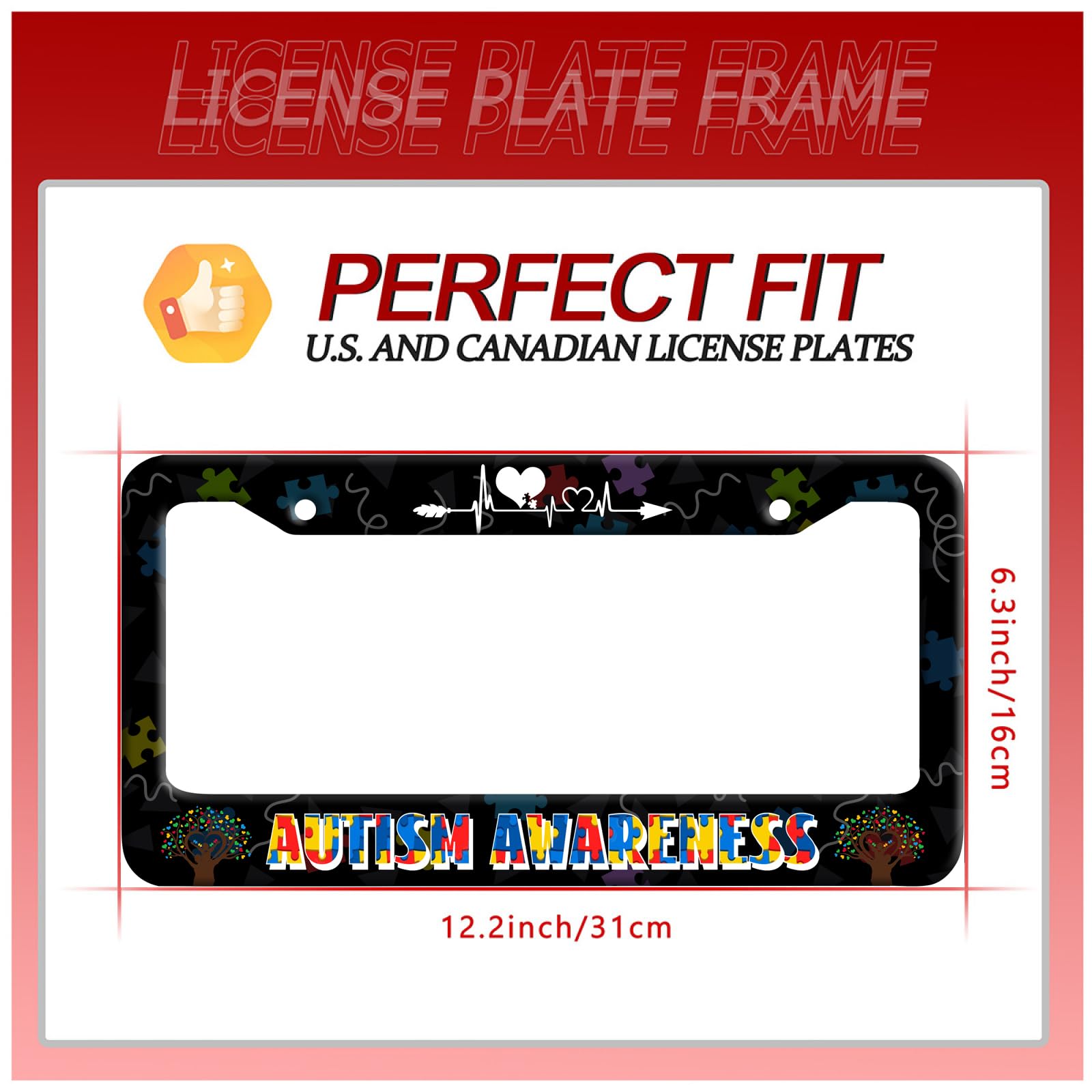 Autism Awareness License Plate Frame Autism Puzzle Heartbeat Line License Plate Colorful Stainless Steel Auto Parts Funny Licens