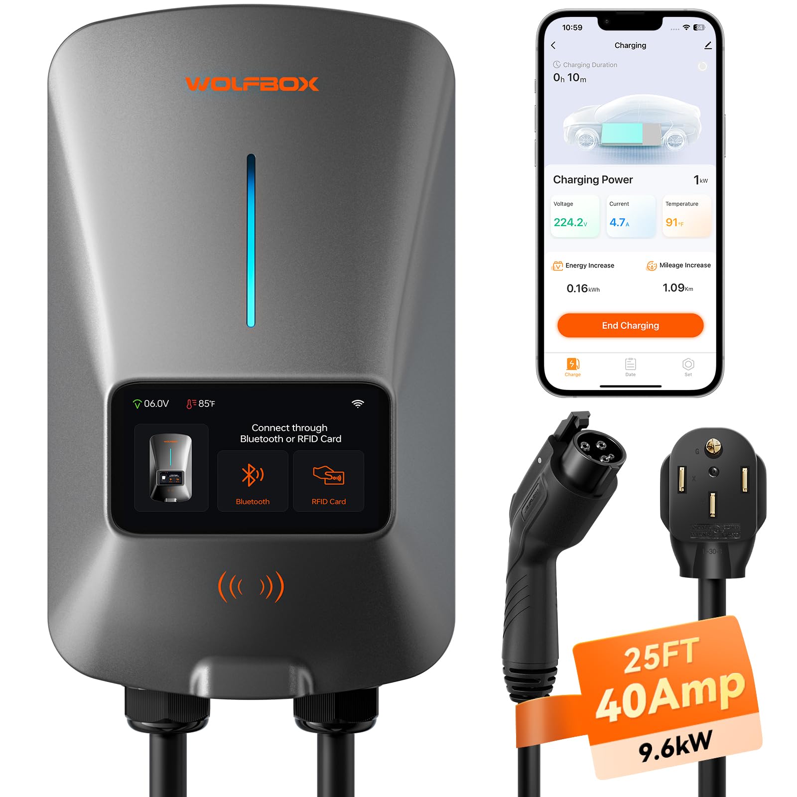 Wolfbox Level 2 Ev Charger 40 Amp - Smart Display, Rfid Card, 25Ft Cable, Outdoor/Indoor, Nema 14-50 Ev Charger Level 2, Wifi En