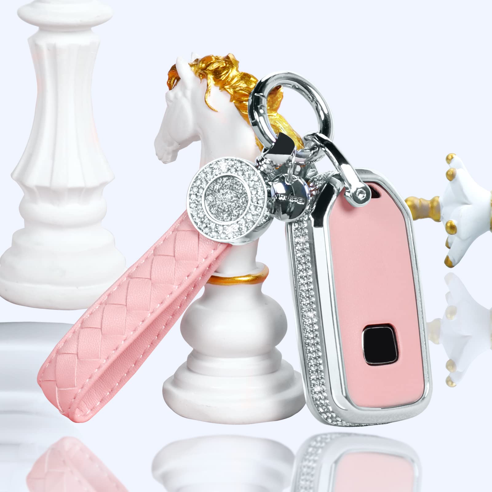 Ruabiban For Honda Key Fob Cover With Keychain, Pink Leather Crystal Key Case Protection Shell Compatible With Honda Accord Civi