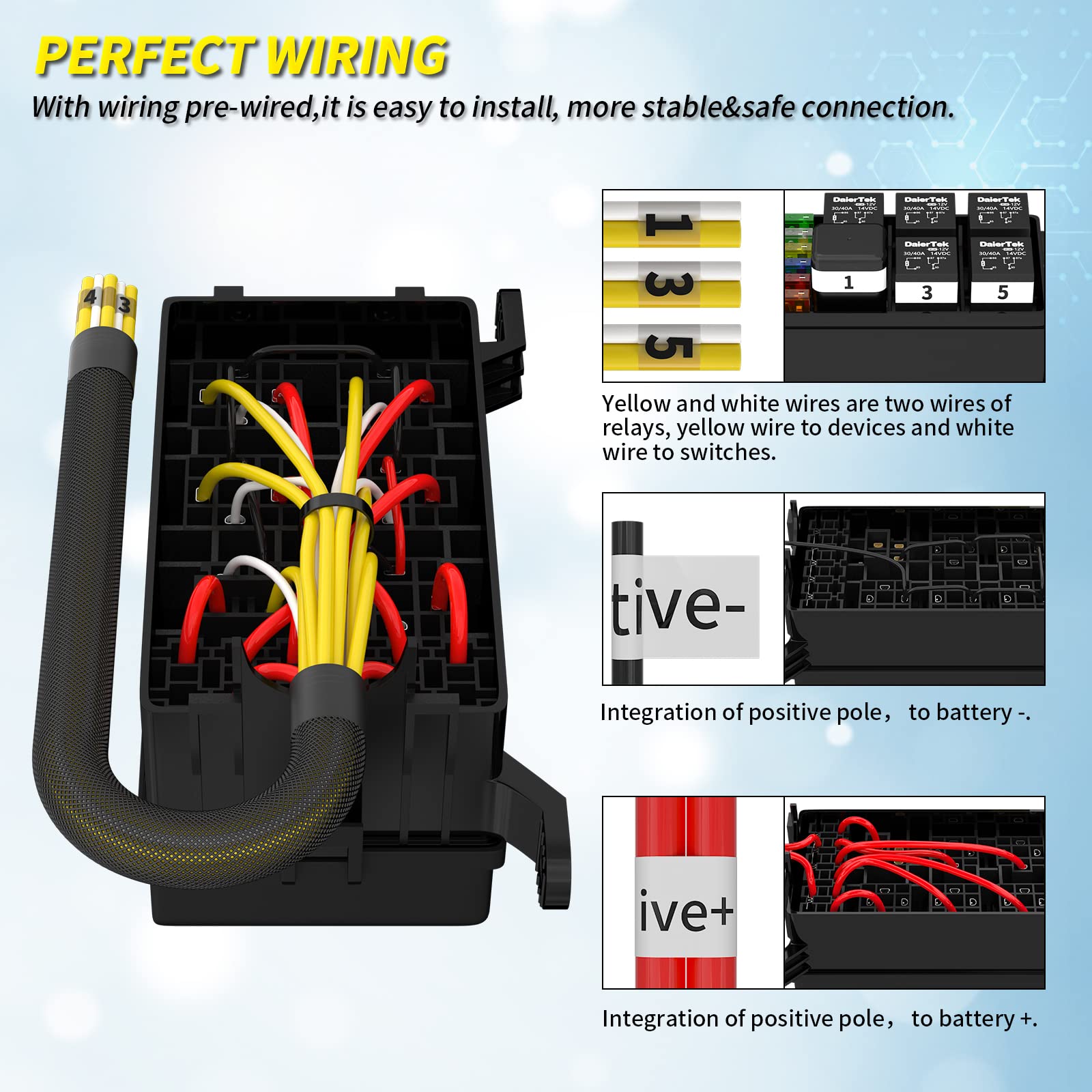 Joinfworld Relay Box - 12V Waterproof Automotive Fuse & Relay Box with 6 Relays & 6 ATC/ATO Fuses for Car, Truck, Jeep, Boat