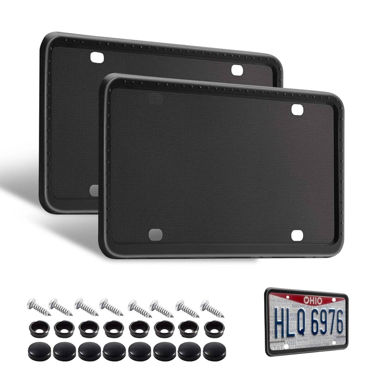 Silicone License Plate Frames 2 Pcs, Front & Back License Plates Cover Bracket, Easy To Install Set Of Black Brackets W Screw Ca