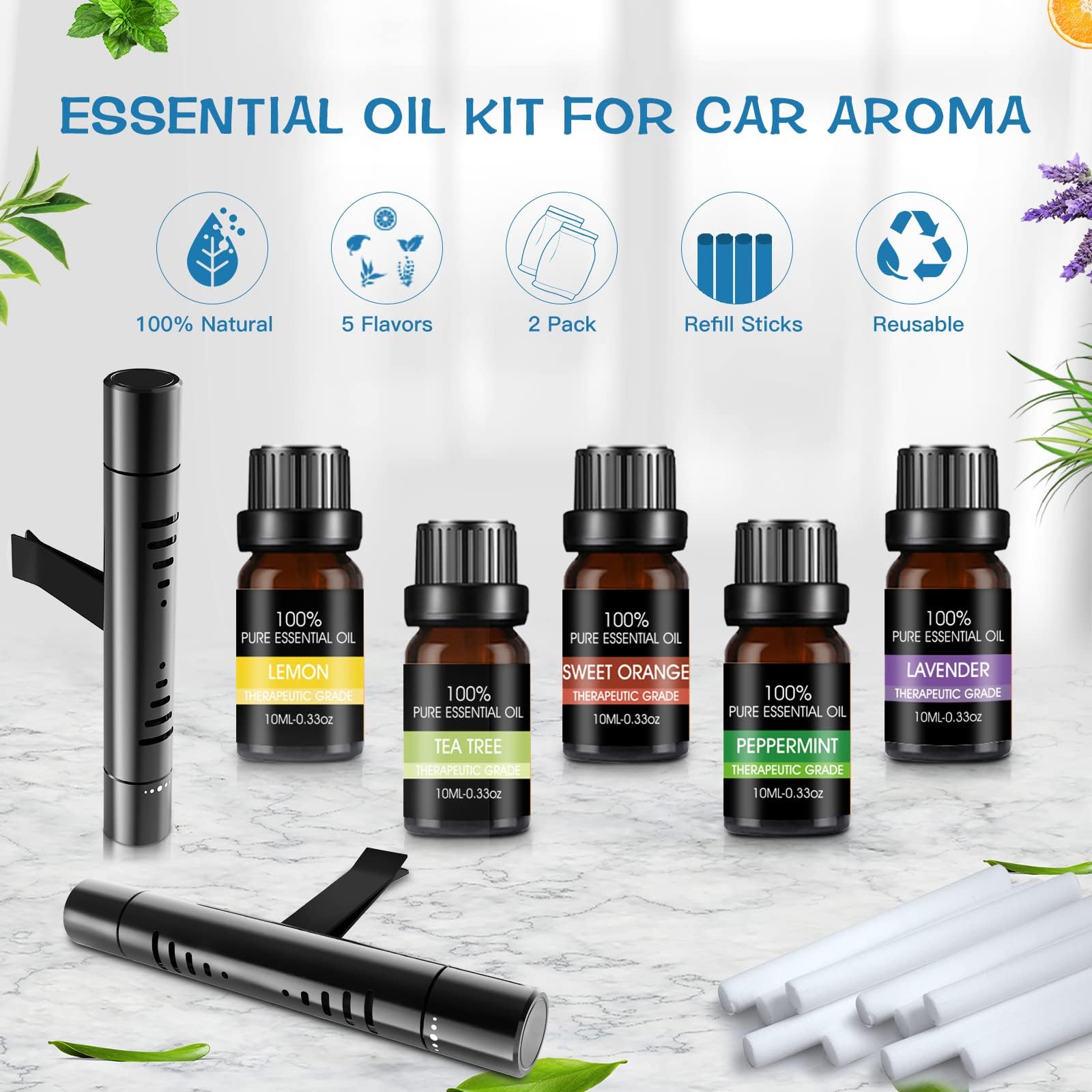 Car Air Fresheners, Car Air Fresheners Clip Set With 5 Essential Oil Scents(10Ml Each) 12 Refill Sticks, Car Diffuser Vent Clip