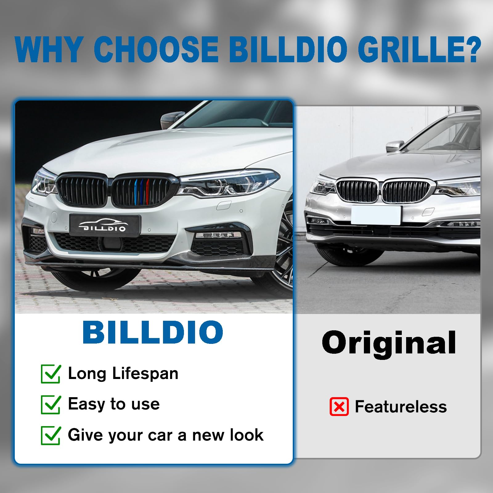 BILLDIO G30 Front Kidney Grille, M Color ABS Gloss Black, Fits 2017-2020 BMW 5 Series 530e/530i/540i/550i