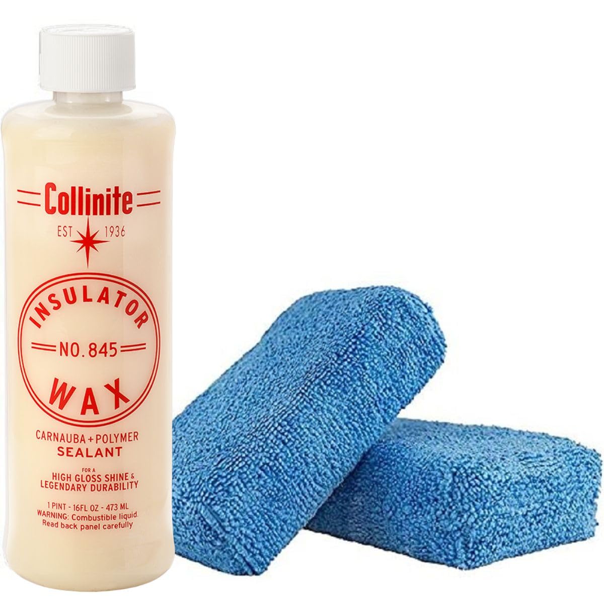 Collinite 845 Insulator Wax - Carnauba+Polymer Sealant, High Gloss, Durable Beading & Long-Lasting Paint Protection For Cars, Boats, Trucks, Rvs, Motorcycles (16 Fl Oz) With 2 Microfiber Blocks Combo