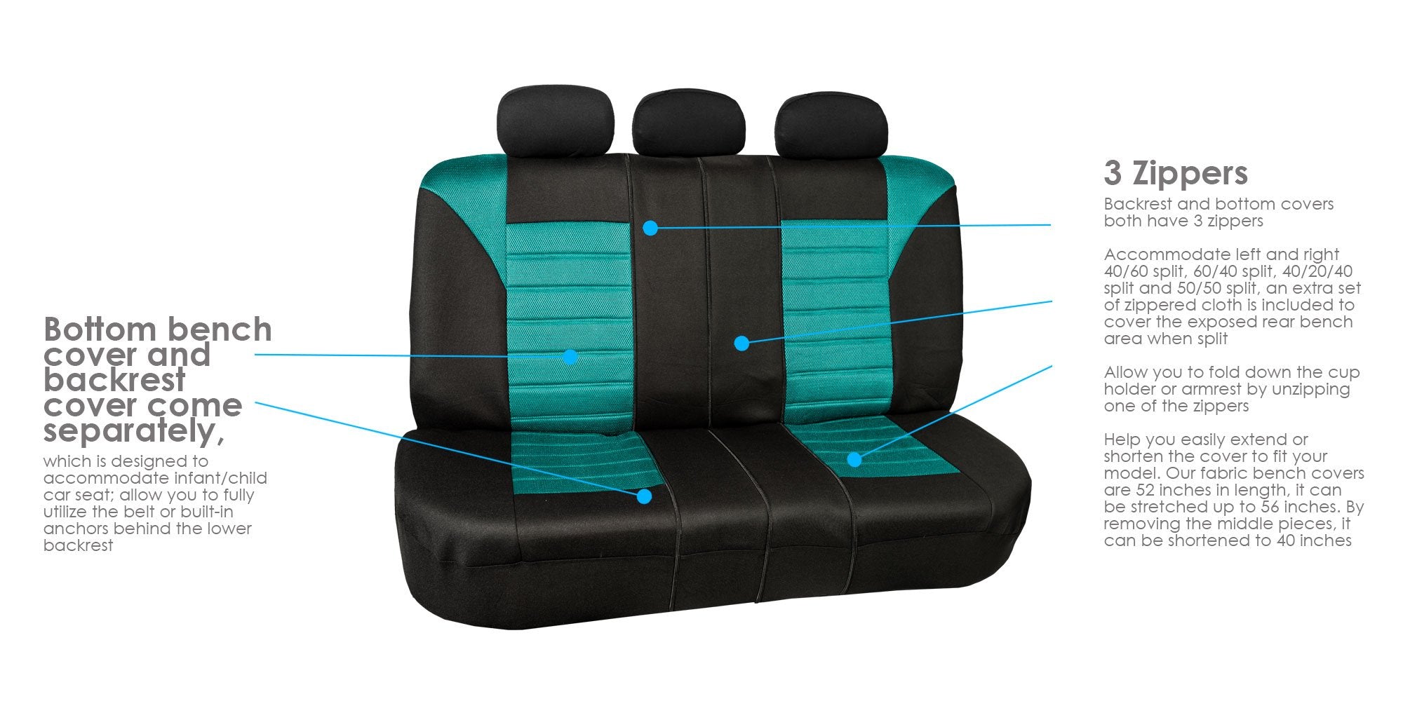 Fh Group Automotive Car Seat Covers Full Set Premium 3D Air Mesh Mint And Black Seat Covers, Airbag Compatible And Split Bench C