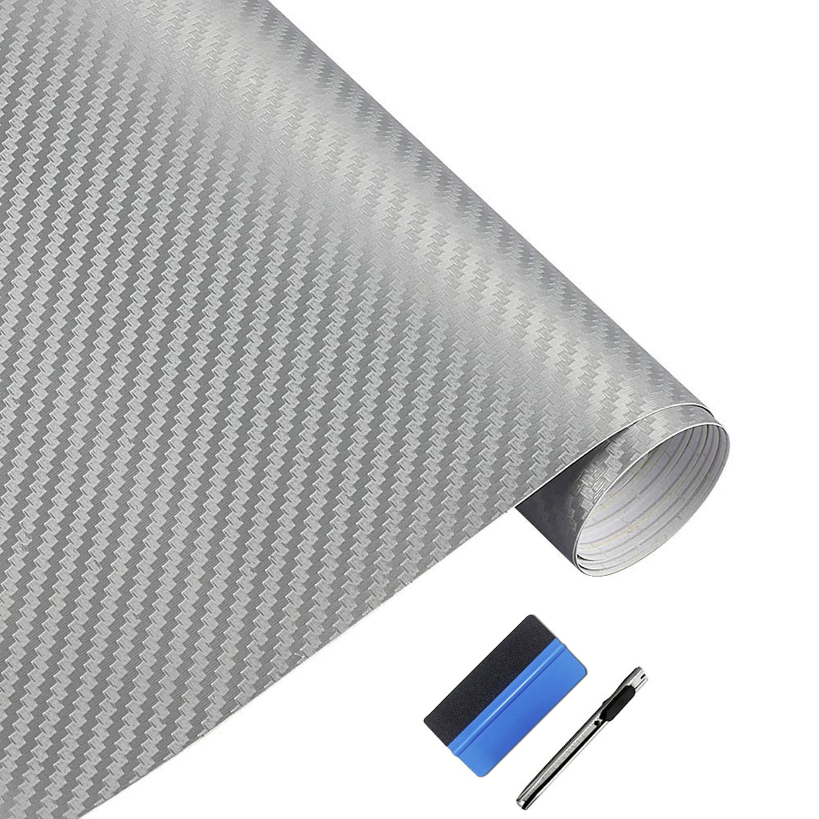 Lzlrun 3D Silver Carbon Fiber Vinyl Wrap - Outdoor Rated For Automotive Use - 1Ft X 10Ft With Knife + Squeegee