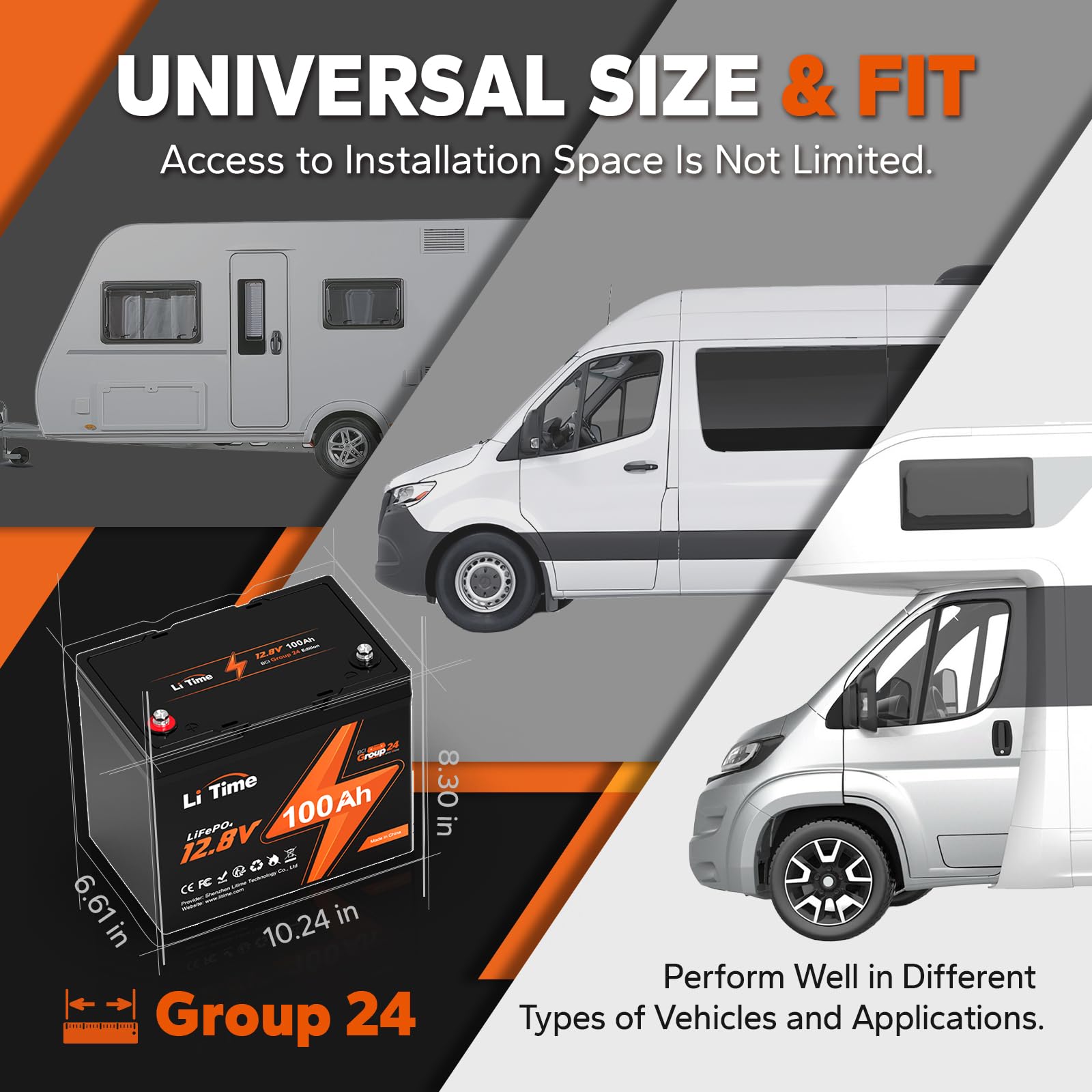Litime 12V 100Ah Bci Group 24 Lifepo4 Battery, 100A Bms Rechargeable Lithium Battery With Up To 15000 Cycles, 1.28Kwh -Higher Energy Density, Perfect For Rvs, Van, Trailer, Motorhome And Boats