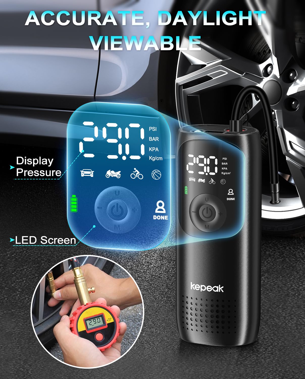 Tire Inflator Portable Air Compressor - Bike Tire Pump, 150PSI Cordless Air Pumps for Car Tires, Auto Off, Electric Tire Pump fo