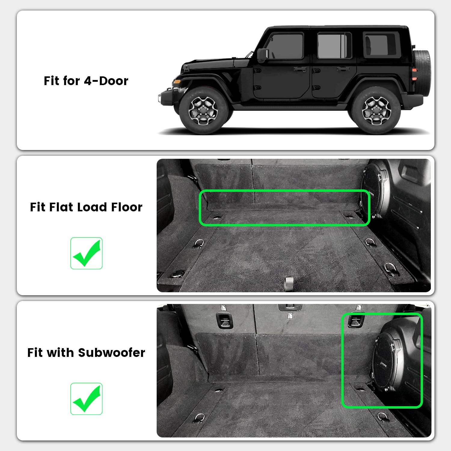 LASFIT Trunk Mat for Jeep Wrangler JL 2018-2025, All Weather TPE, Black, Cargo Liner with Subwoofer, Model LL-JE06HB