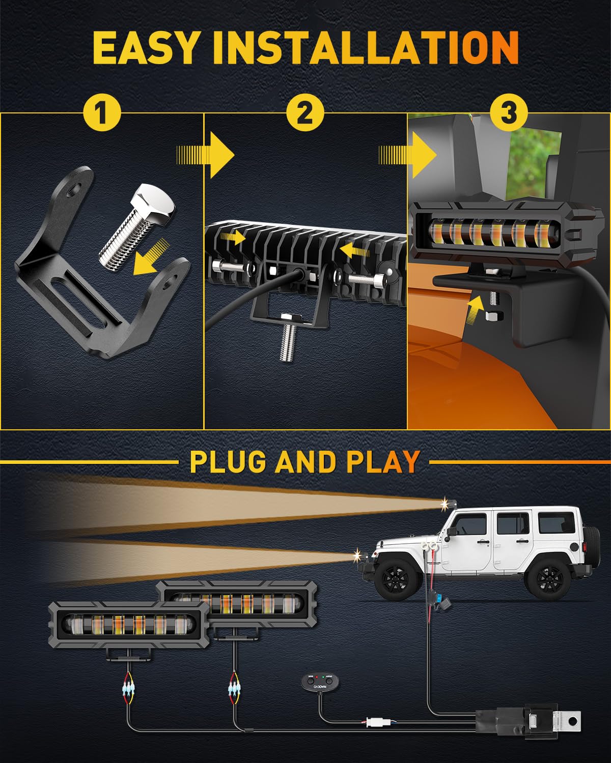 NAOEVO 6in LED Light Bar - 50W 2300LM Spot & Fog Lights for Trucks/Cars/Boats - White & Amber, Aluminum, 2 Pcs