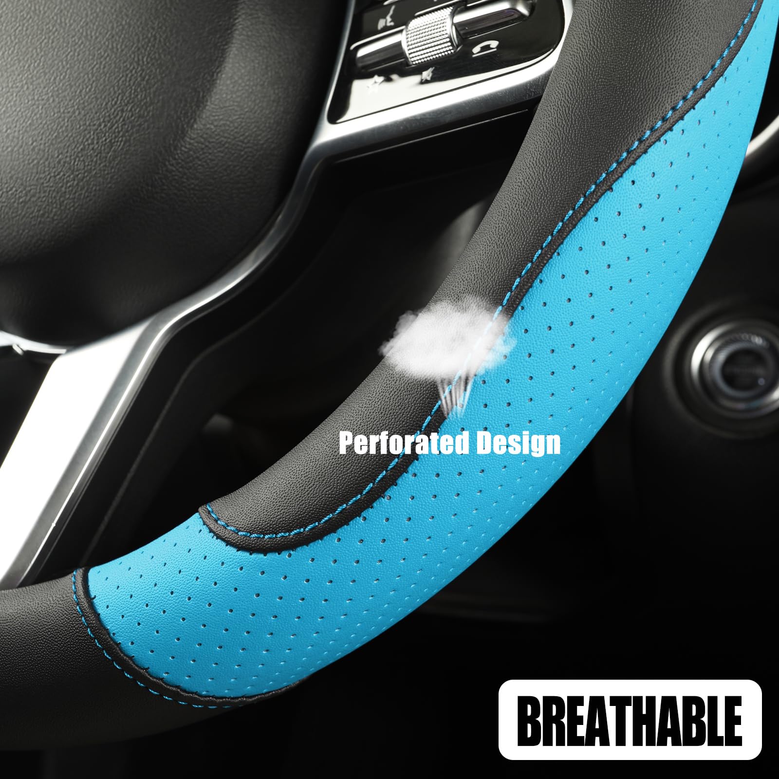 Binsheo Leather Auto Car Steering Wheel Cover Anti-Slip Heavy Duty, Elegant, Non-Tonix, Universal 15 Inch, Black&Blue