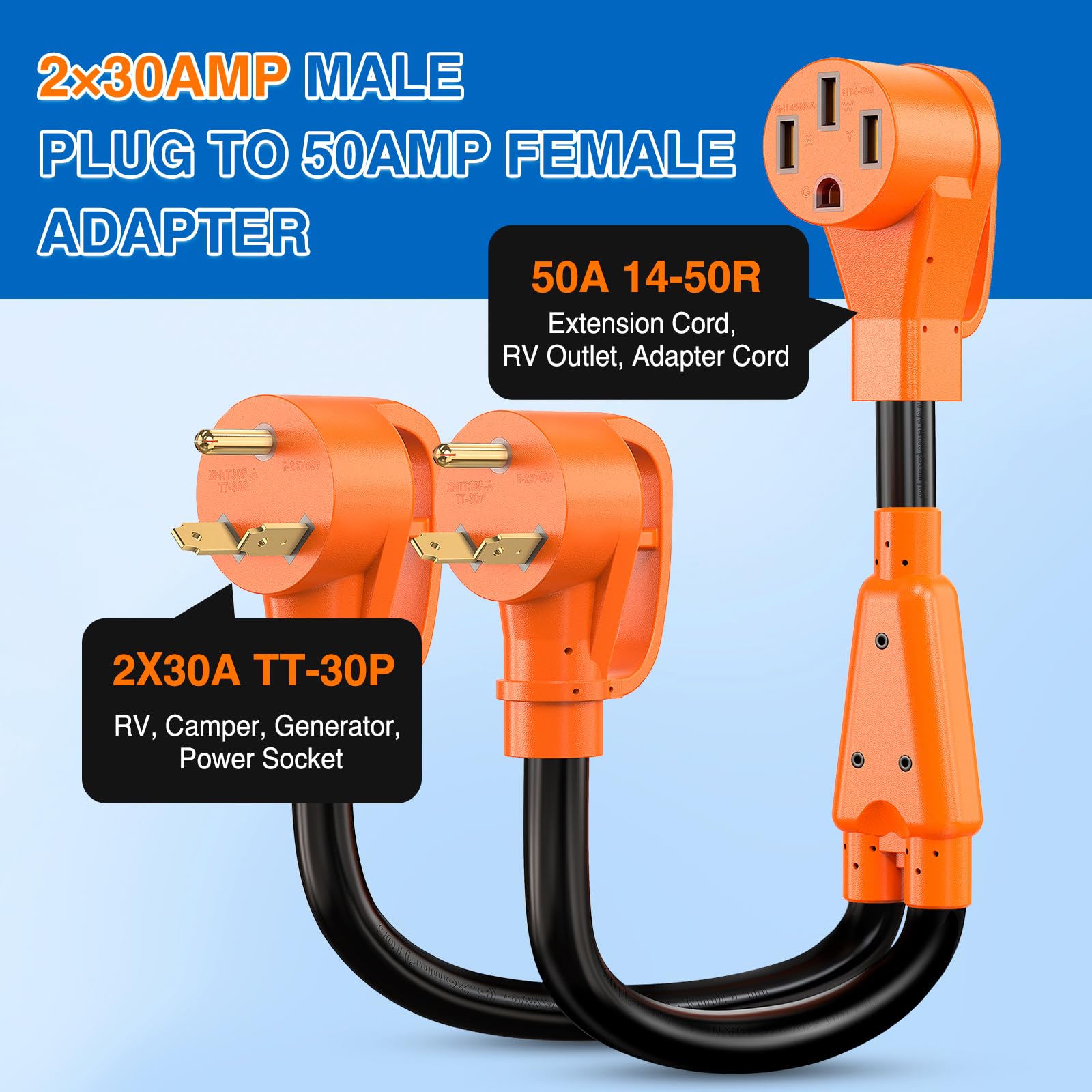 Nilight RV Y Splitter Adapter Cord 30 Amp to 50 Amp, Heavy Duty Waterproof Metal, Model 50436RV, 30M/50F Y Splitter for RV Camper Trailer