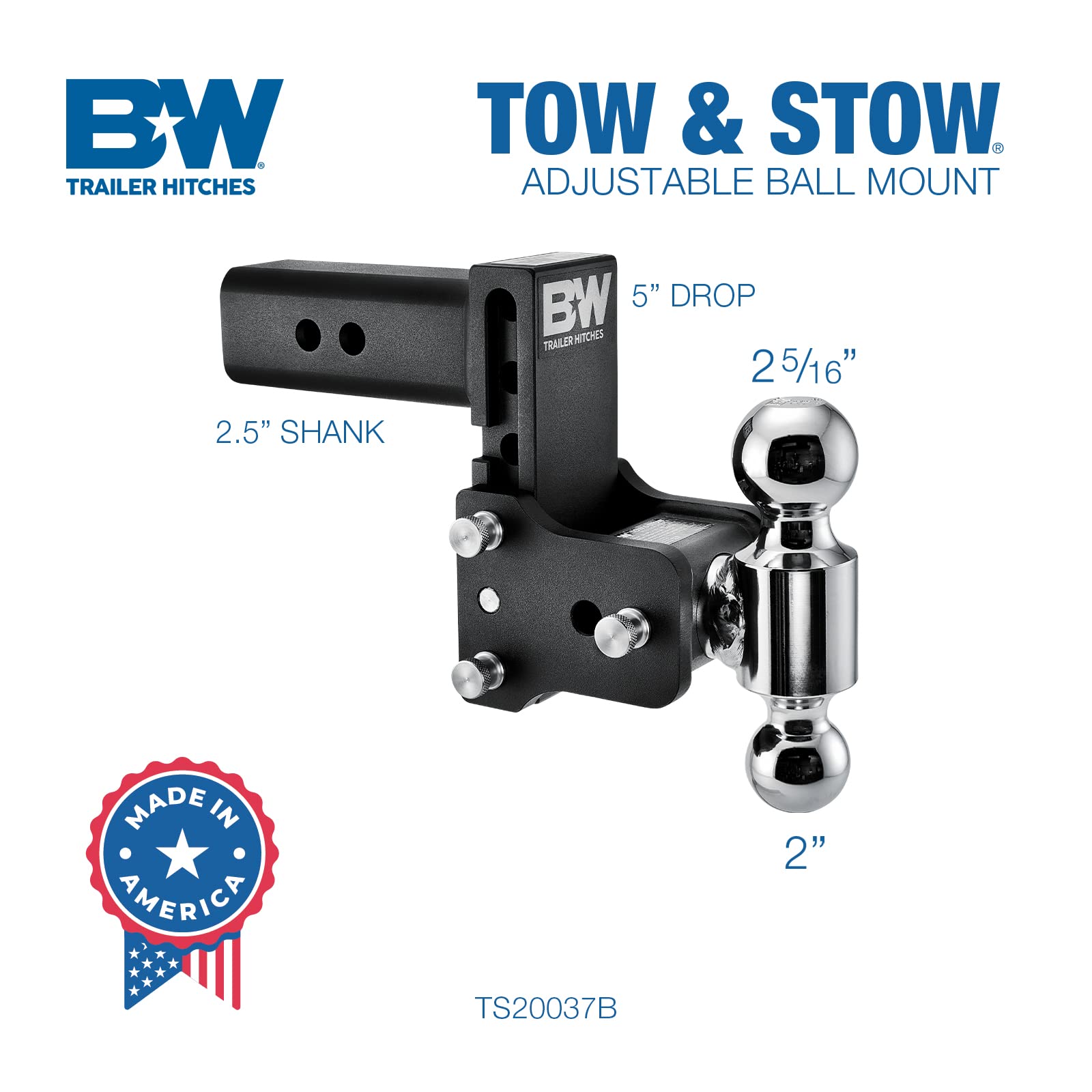 B&W Trailer Hitches Tow & Stow Adjustable Trailer Hitch - 2.5" Receiver, Dual Ball (2" x 2-5/16"), 5" Drop, Black, Model