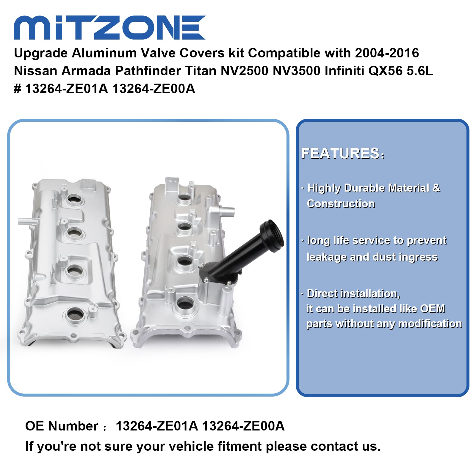 MITZONE Aluminum Valve Covers Kit for Nissan Armada/Pathfinder/Titan NV3500 QX56 5.6L - Upgrade Silver Finish, Compatible Parts #13264-ZE01A/ZE