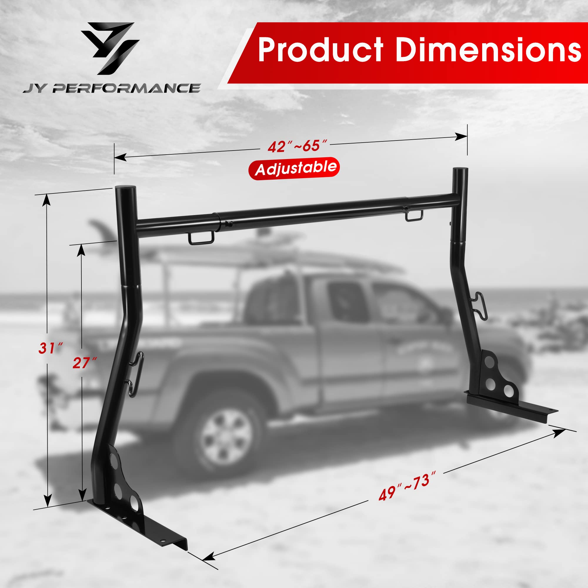 JY PERFORMANCE Truck Ladder Rack, 800lbs Capacity, Extendable, Heavy Duty, Alloy Steel, Universal Fit, Black, Model DAC336 DAC875
