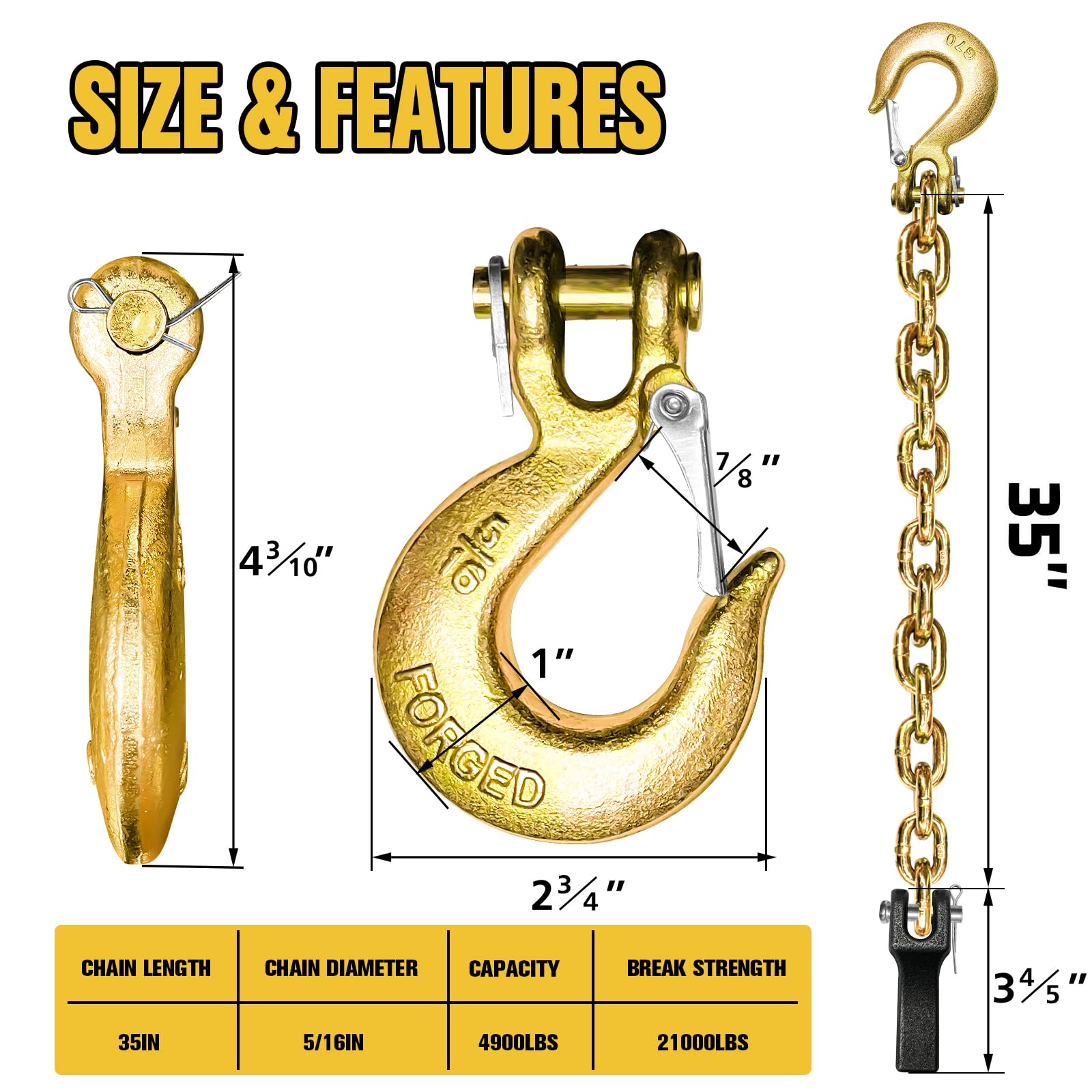 SENKEYFE 2 Pack 5/16" Trailer Safety Chains, 35" Alloy Steel, G80, 21,000 lbs Break Strength, Black-C, Model Safety Chain-8