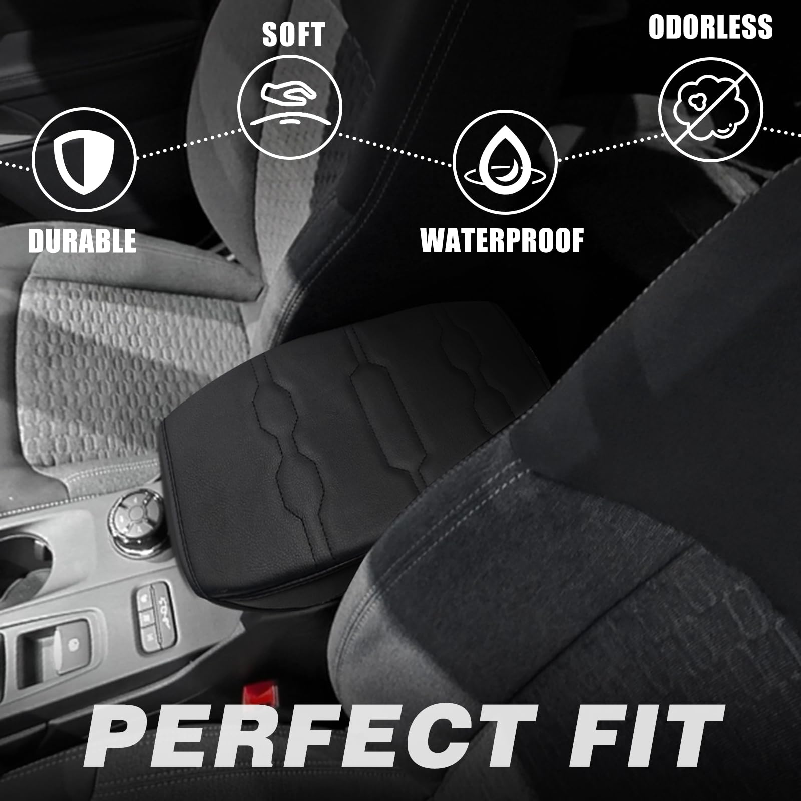 Muslogy Center Console Armrest Cover for Ford Ranger 2024-2025, Vegan Leather, Regular Size, Black/Black Stitching